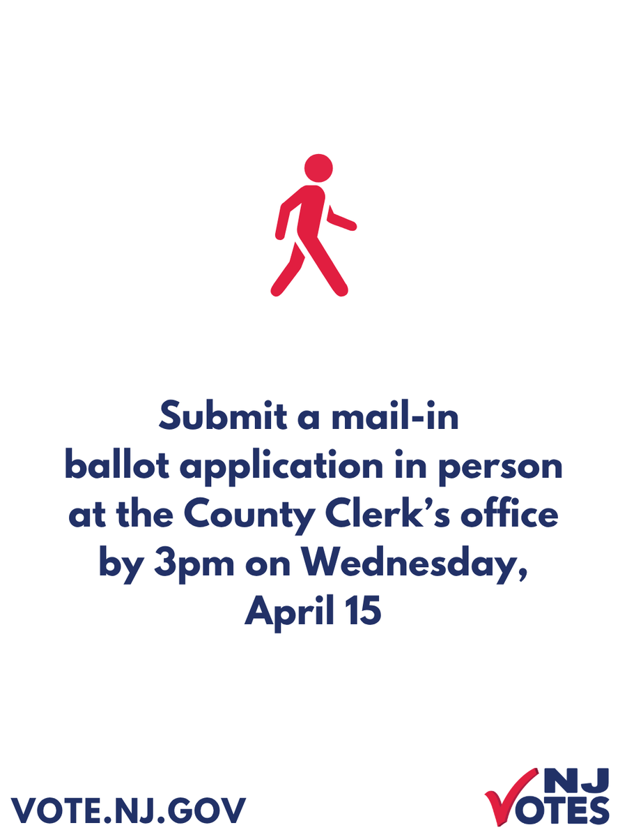 NJ_Votes's tweet photo. Congressional District 11, if you plan on voting by mail in the April 16, 2026 Special General Election, the deadline to request a ballot in person at your County Clerk's office is today, April 15 by 3pm. 
 
More info at https://t.co/zLQu7O8lvD. #NJVotes https://t.co/Mq7aqplgxL