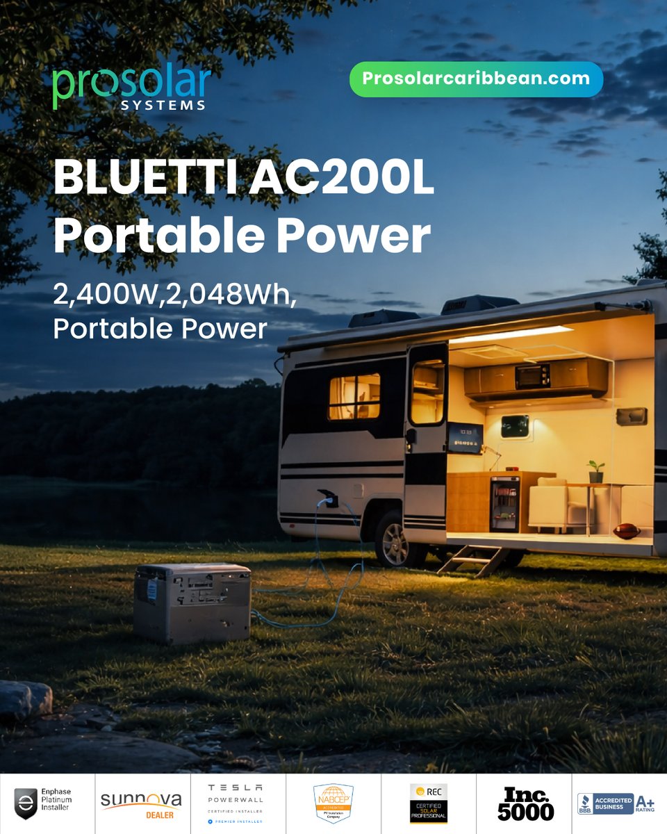 ProSolarAmerica's tweet image. The BLUETTI AC200L delivers high-capacity, portable energy for life on the move. 
Reliable power, anywhere.

340.201.4752
prosolarcaribbean.com

#ProSolarCaribbean #PortablePower #BLUETTI #OffGridLiving #BackupPower #EnergyAnywhere