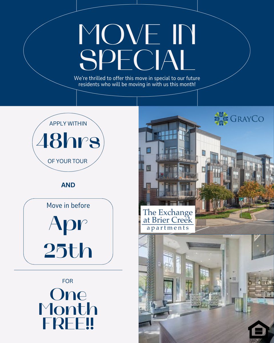 TheExchange_BC's tweet photo. ⏳ Time is ticking on this AMAZING deal!

Tour. Apply within 48 hours. Move in by April 25th.
💥 Get ONE MONTH FREE RENT 💥

It’s that simple—but it won’t last long.

🚪 Your new home is one decision away. Schedule your tour today before this offer is gone!

#MoveInSpecial https://t.co/ZoIrdXqU7d