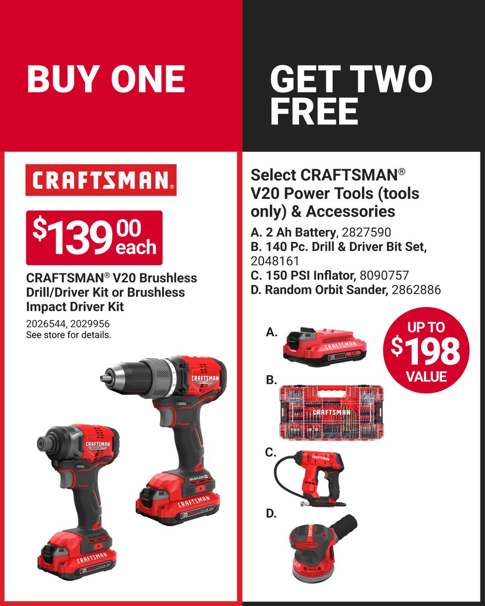 bengesace_mdtwn's tweet image. BUY ONE, GET TWO FREE!
Buy a CRAFTSMAN® V20 Brushless Drill/Driver Kit or Impact Driver Kit for $139 and get two select tools free. Offer ends 4/28.

#BengesHardware #PowerTools #Craftsman

BUY TODAY - acehardware.com/search?query=2…

SEE THE SAVINGS - acehardware.com/local-ad?store…
