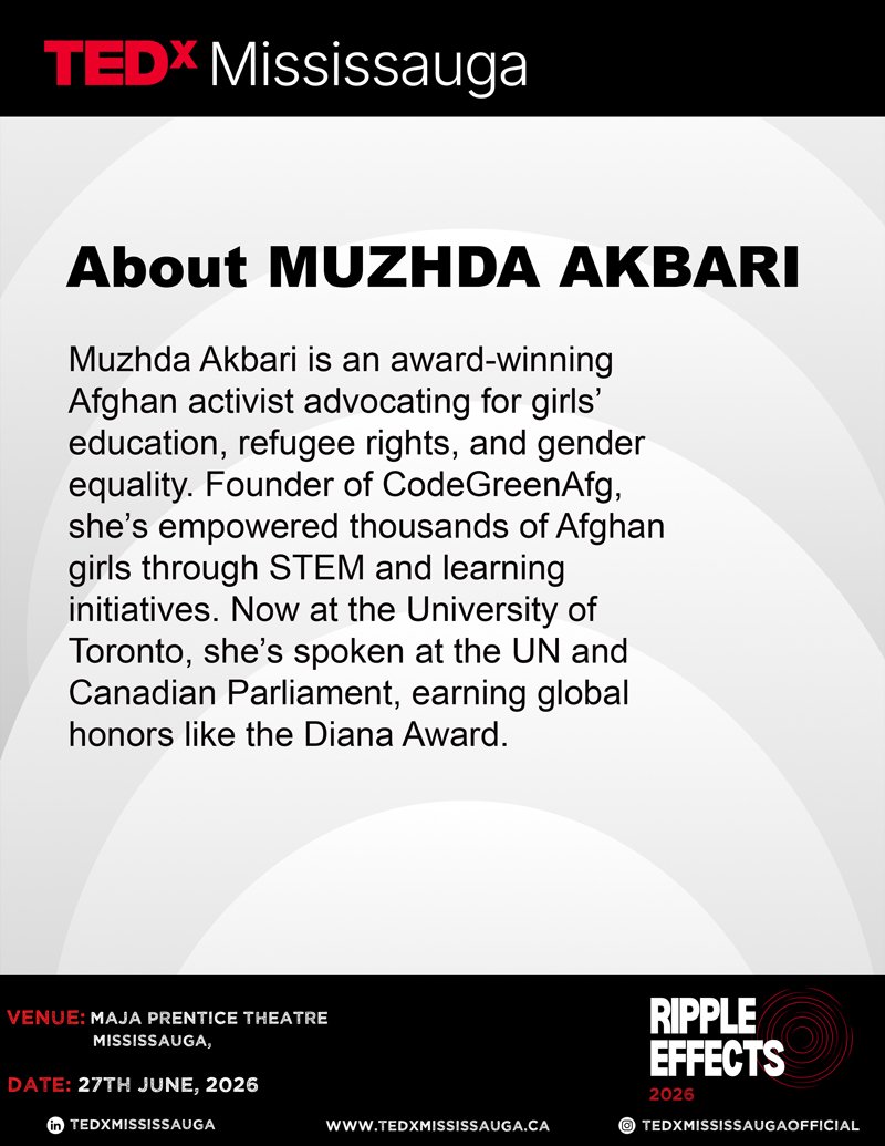 tedxsauga's tweet photo. Education denied. Advocacy ignited.
Muzhda Akbari, founder of CodeGreen Afghanistan and student at UofT, has created learning pathways for  girls in Afghanistan.

Hear her story at TEDxMississauga
🎟 Register: https://t.co/RPJHqfK3gw
#GirlsEducation #Leadership #educationforall https://t.co/gc6kR2p5Pe