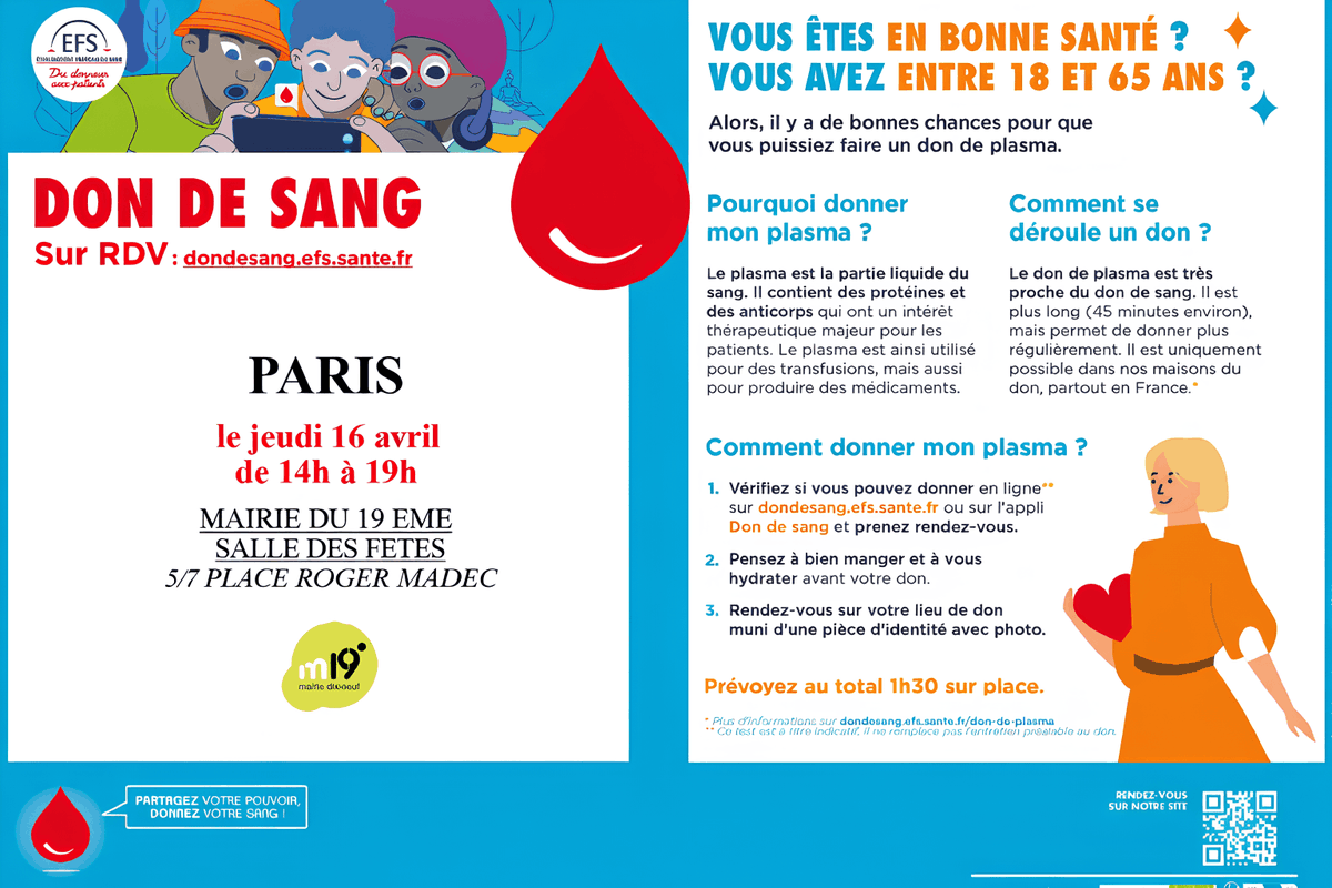 Paris19e's tweet photo. 🩸🫂Don de sang 
Ce jeudi 16 avril, de 14h à 19h, venez sauver des vies en
donnant votre sang en salle des fêtes de la Mairie du
19e. 
📍5/7 Place Roger Madec
Infos : https://t.co/9JyjZ0iZdR https://t.co/tTU56bIrEO