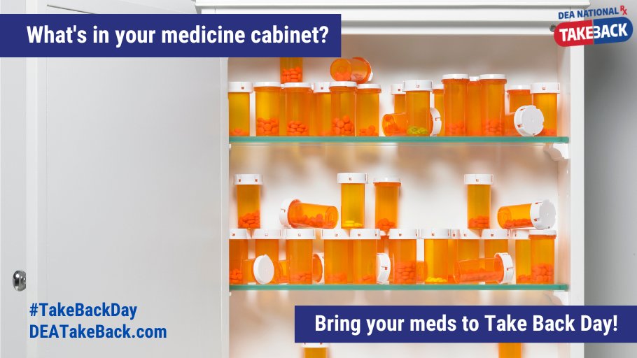 DEAHQ's tweet image. Wellness check! Make your home a healthy space. Gather up unneeded, unused, &amp;amp; expired meds &amp;amp; drop them off at #TakeBackDay on April 25, for a simple step for a healthier lifestyle. #WellnessWednesday Learn more: dea.gov/takebackday
@TheJusticeDept