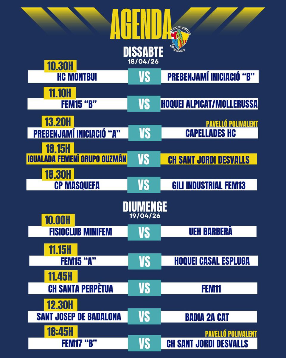 IgualadaFHCP's tweet image. 🔵🟡 IFHCP | Agenda del 18 i 19 d’Abril
 🔵🟡

#Igualada #NCAT #IFHCP #IFHCPower #baseIFHCP