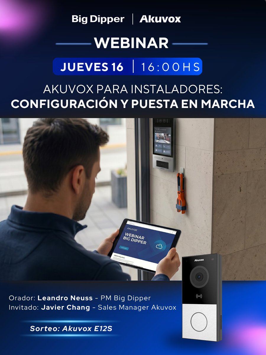 👉 Webinar Big Dipper | Gratis y online

🗓️ Jue 16/04 – 16 hs
Akuvox: configuración y puesta en marcha

📌 Cloud, equipos, diseño + práctica en vivo
🎁 Sorteo: E12S
👨‍🏫 Leandro Neuss | Javier Chang

🔗 cutt.ly/5tD4ABRk
