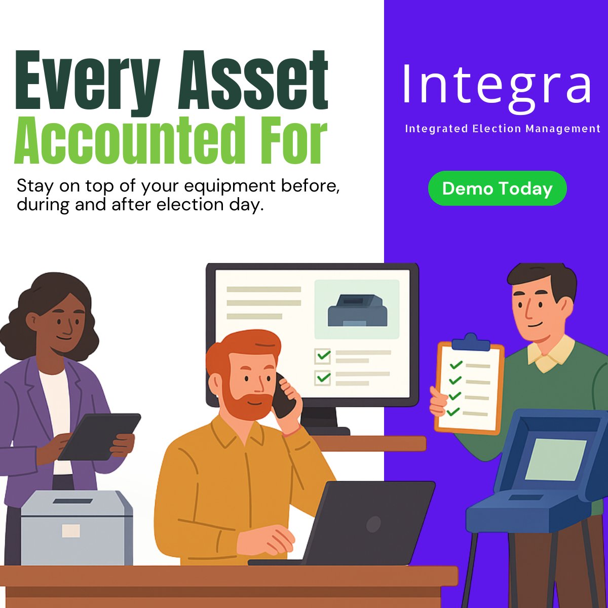 Soch_Inc's tweet image. Every Asset, Accounted For. Voting machines, printers, scanners, signage—managed from one place. 
Stay on top of your equipment—before, during, and after election day. 
No more guesswork. Just precise records you can trust. 
#Integra #AssetManagement #SochInc