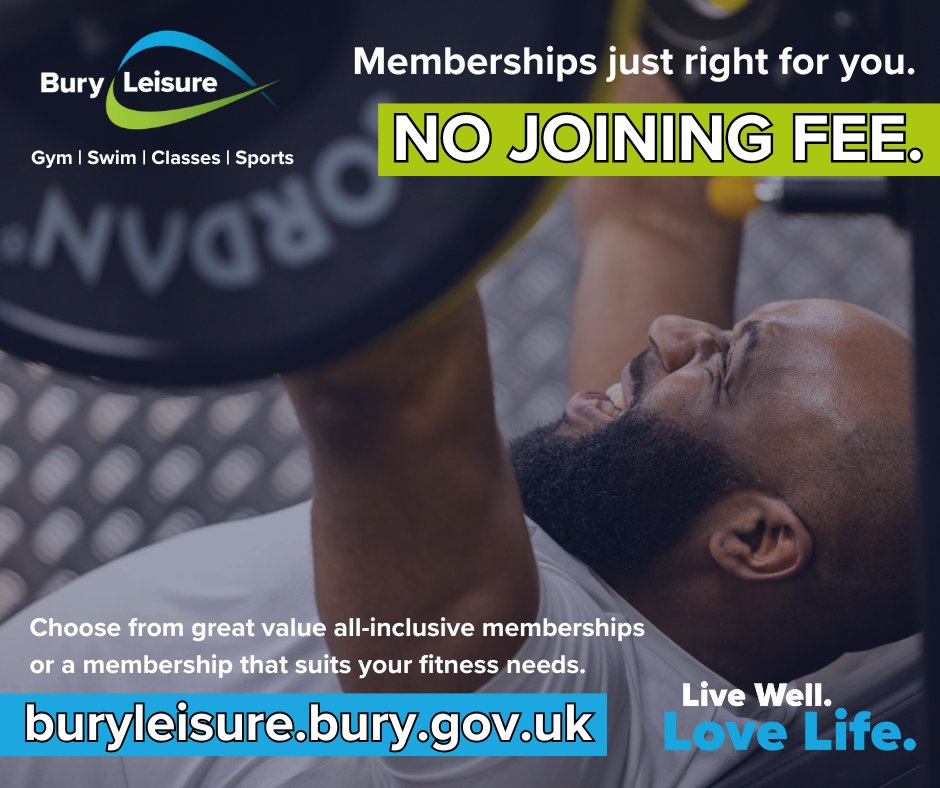 BuryLeisure's tweet image. Let's give it all in 2026 with one of our ‘Live Well Love Life’ memberships👊

❌NO JOINING FEE❌

Plus:
💻10 days advance booking
🚗Free parking + more!

Find the one that's just right for you:
👉( buryleisure.bury.gov.uk/memberships )

#Gym #Swim #Classes #Sports #BuryLeisureMembership