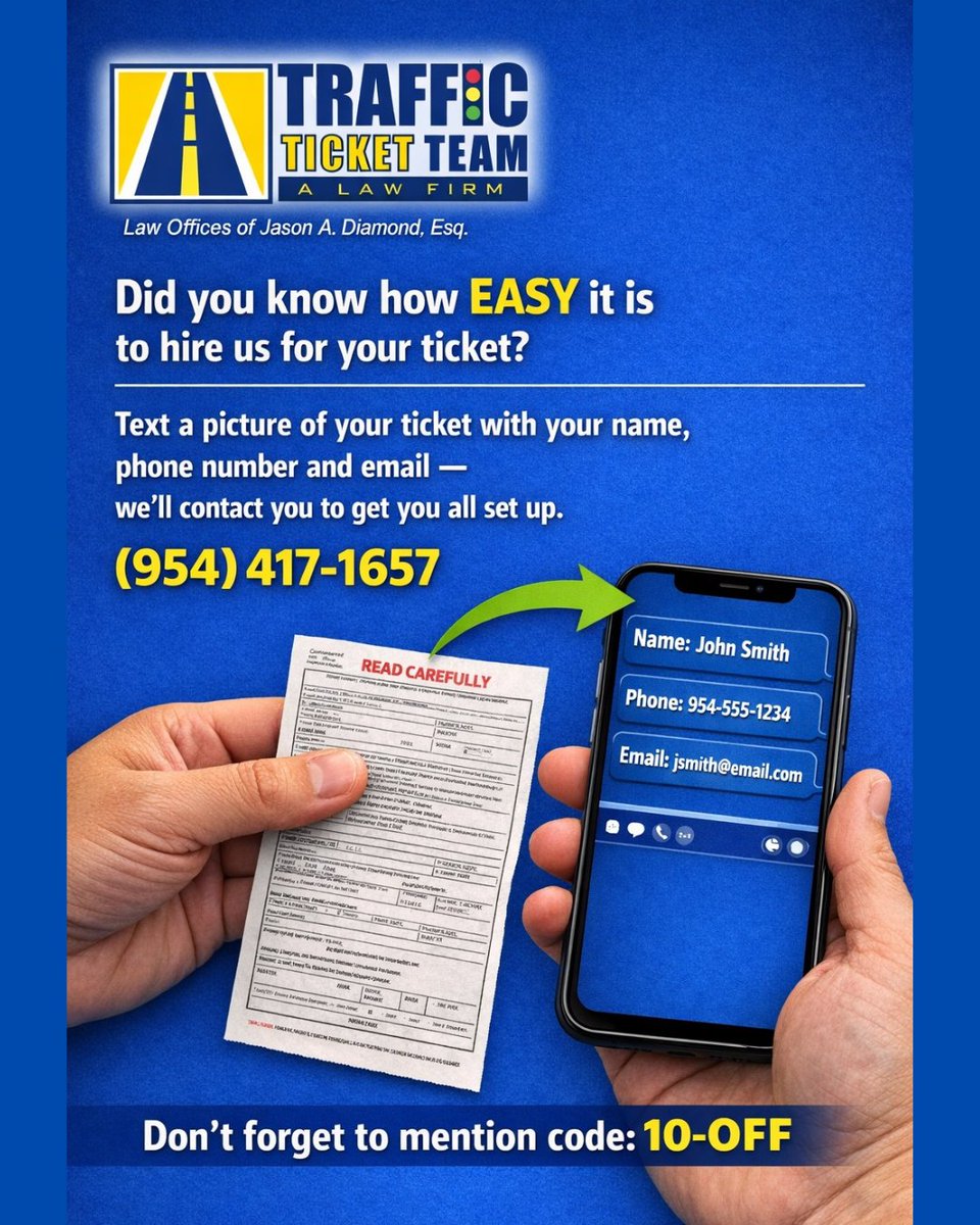 1ticketteam's tweet image. Looking to fight that pesky traffic ticket? 🚗💥 Text us your name, phone, email, and a pic of your ticket to (954) 417-1657 and mention code 10-OFF for a special discount! Let's tackle this together! #TrafficTicketTeam #LegalAssistance🚦