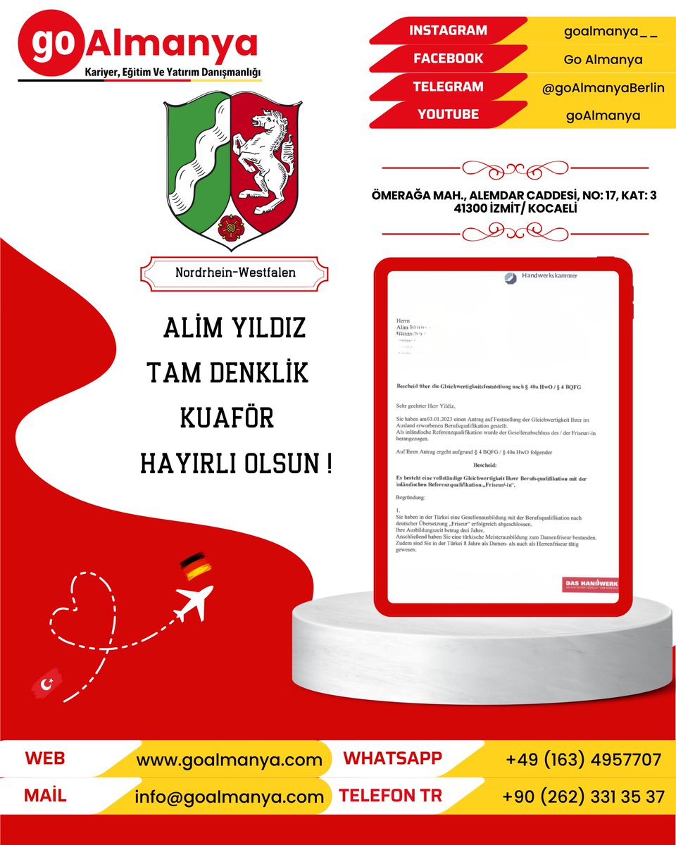 goAlmanya_'s tweet photo. 🇹🇷🇩🇪🎉go Almanya olarak, Alim Yıldız beyin denkligini tam denklik Kuaför olarak aldık.
🟢WhatsApp: +49 163 4957707
🔵Facebook: Go Almanya
🟣Instagram: goalmanya__
 #göç  #bluecard  #almanyacalisma  #vize  #denklik  #iş #almanyayaşam #AlmanyaDenklik #yurtdışıiş #yurtdışı #almanya https://t.co/okI56jCi4J