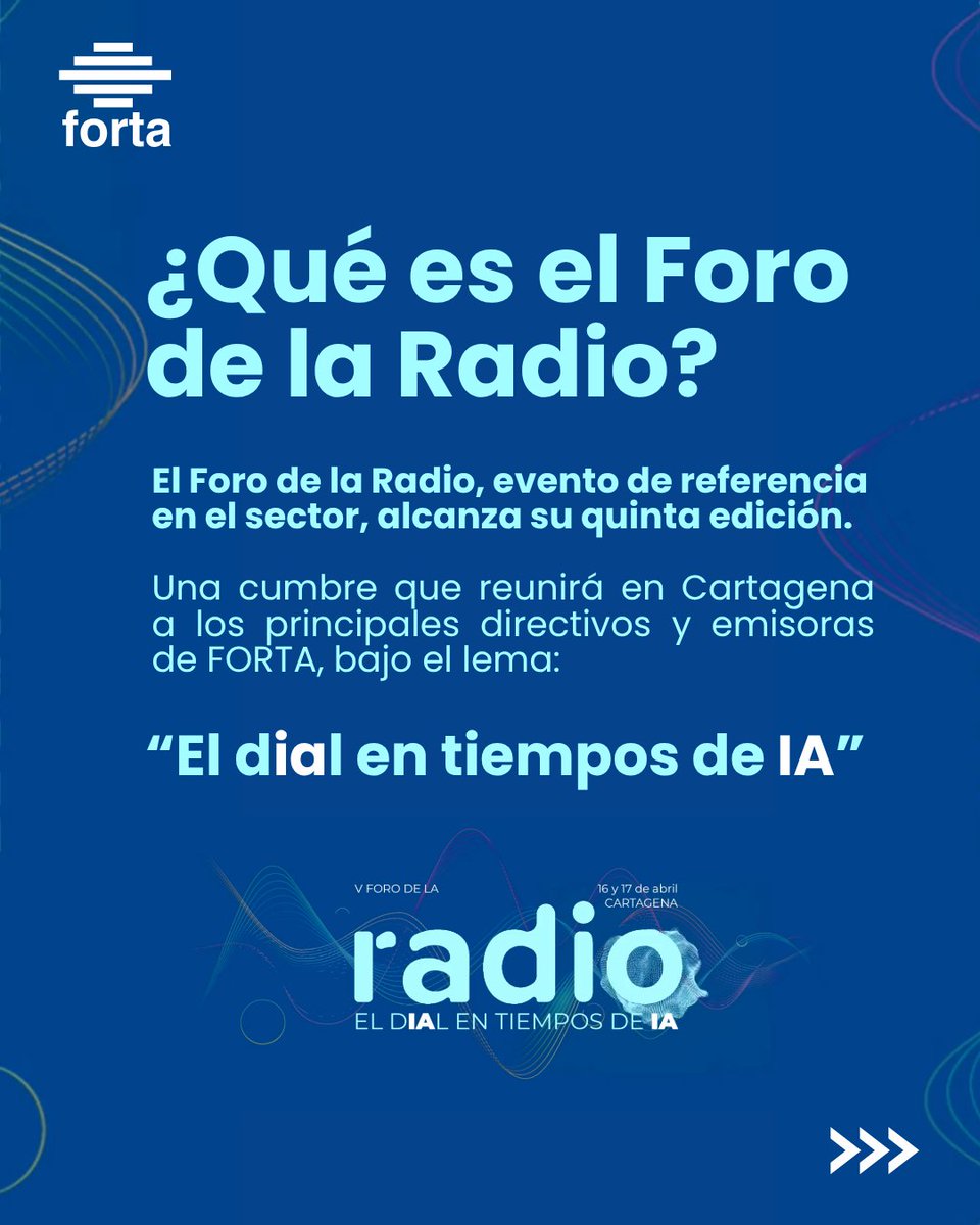 forta's tweet photo. El futuro de la radio se sintoniza en Cartagena.

Bajo el lema “El dial en tiempos de IA”, la ciudad acoge el V Foro de la Radio los días 16 y 17 de abril, un evento que convierte a Cartagena en el epicentro de un debate de máximo interés y relevancia: el papel de la Inteligencia Artificial en el ecosistema radiofónico.

En esta quinta edición, conoceremos de primera mano tanto las oportunidades como los desafíos que esta tecnología conlleva, con ejemplos concretos de cómo se viene aplicando en las emisoras públicas y de los proyectos de vanguardia en los que los equipos de FORTA están ya trabajando.

La Región de Murcia se convierte en la sede de este encuentro para celebrar un doble hito: el 35º aniversario de @ORMurcia y los 20 años de su televisión autonómica @la7tele. Con la Radiotelevisión de la Región de Murcia (RTRM) como anfitriona y la Universidad Politécnica de Cartagena como escenario, el Foro no solo rinde homenaje a la trayectoria de la radio murciana, sino que marca el camino de la radio de proximidad ante los retos tecnológicos que vienen.