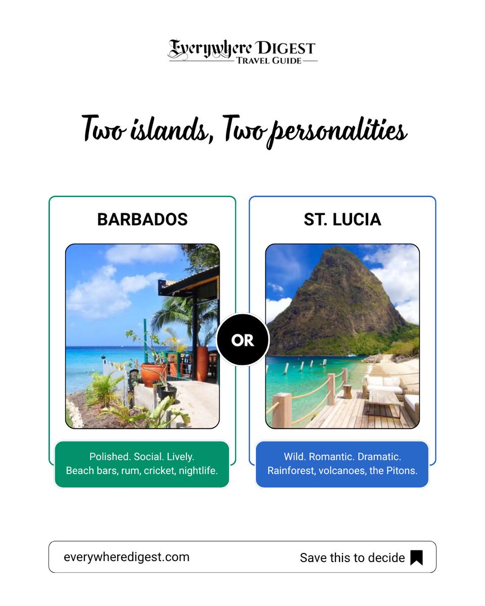 EverywhereBuddy's tweet photo. Barbados or St. Lucia? 🌴
Drop 🟡 for Barbados or 🟢 for St. Lucia 👇
Full breakdown in the slides — then plan your trip free at https://t.co/qQqMjO9iSj
#Barbados #StLucia #CaribbeanTravel #IslandLife #VisitCaribbean https://t.co/sDi6bBzErs