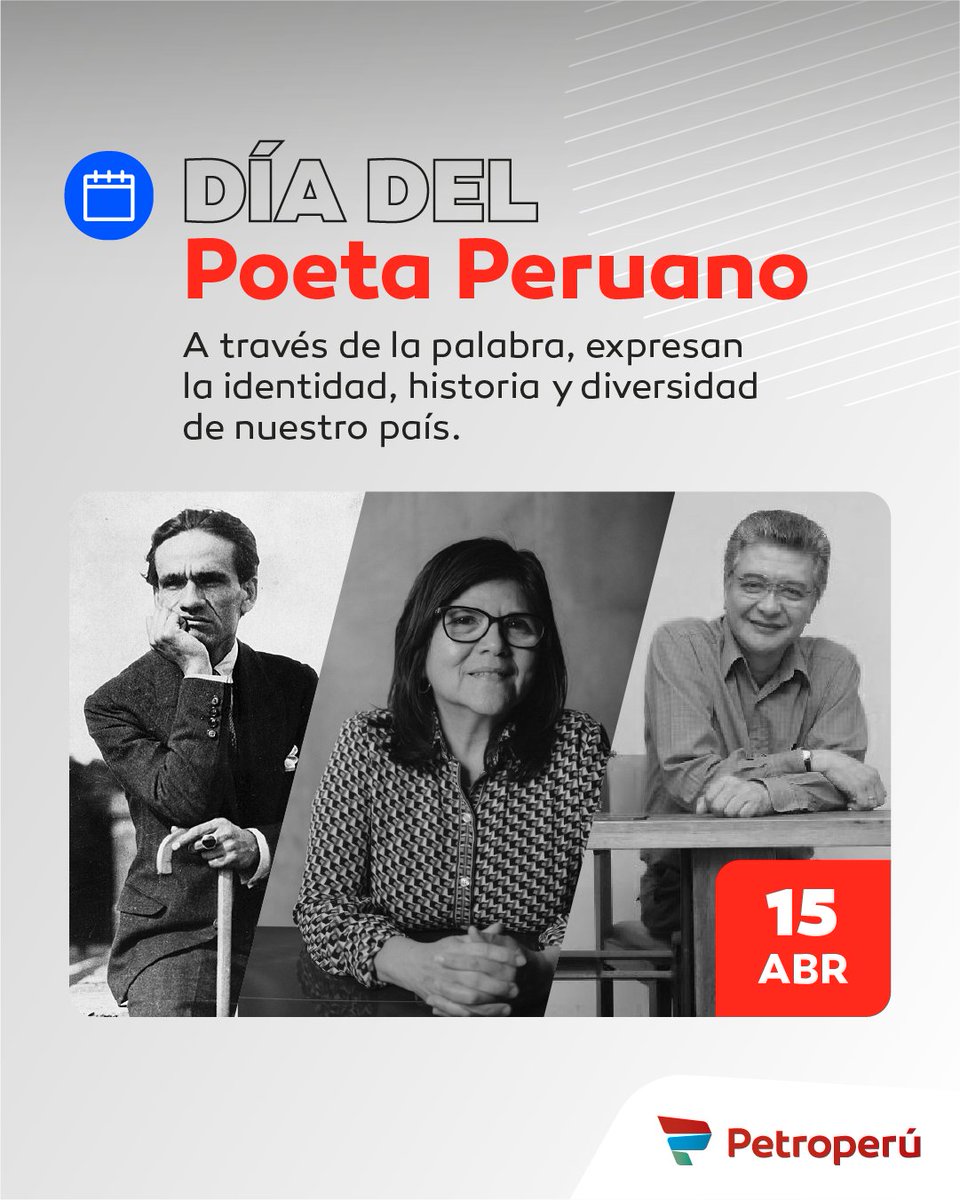 Recordamos a César Vallejo, voz universal que sigue marcando la poesía peruana.

📖 Celebramos también a Blanca Varela, José Watanabe, César Moro, Martín Adán y Javier Heraud.

✨ Reconocimiento a los ganadores del Premio Copé.

#DíaDelPoetaPeruano #PetroperúEsCultura