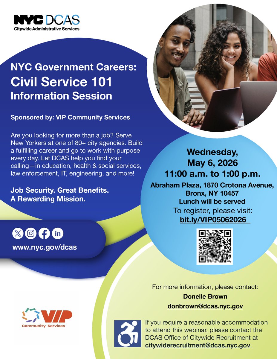 vipcservices's tweet photo. Join NYC DCAS &amp; VIP Community Services for the NYC Government Careers Civil Service 101 Information Session!

📅 May 6th, 2026 | 🕚 11 a.m. to 1 p.m.
📍 Abraham Plaza, 1870 Crotona Avenue, Bronx, NY 10457

Register: https://t.co/ggOHxnmyhn
📩 donbrown@dcas.nyc.gov https://t.co/8PtpxdK888