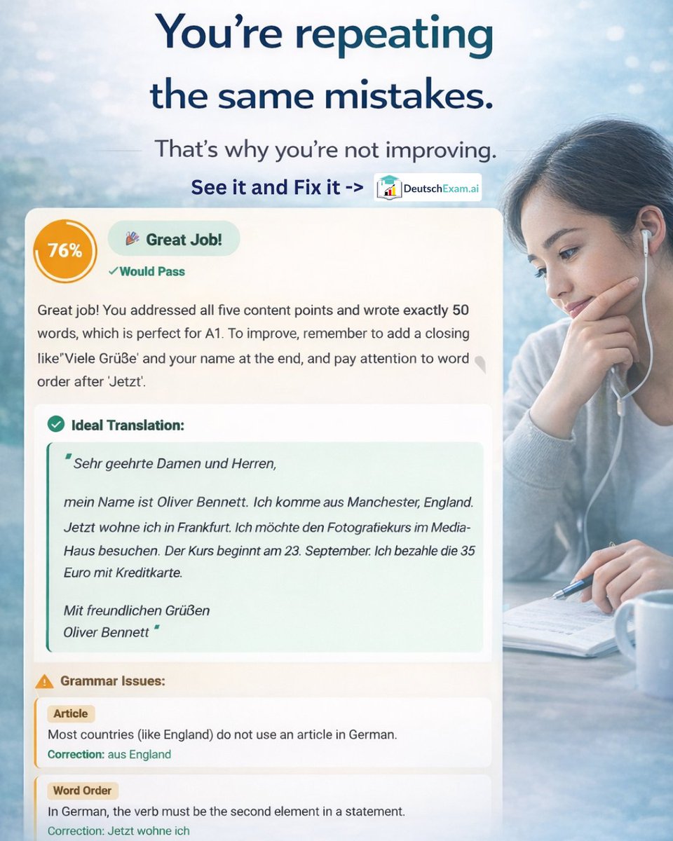 deutschexam's tweet image. You’re putting in the effort…
but the result isn’t changing?

That’s frustrating.

And without feedback nothing changes.

The moment you see your mistakes clearly,
you start improving fast.

#improveyourself #feedbacks #telc #deutsch #germanlanguage #reviewmistakes