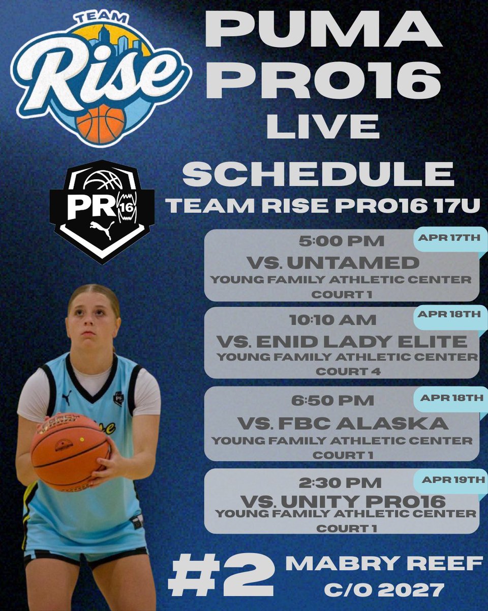 RMabry's tweet photo. Puma PRO16 Schedule for this weekend!!! @teamrisebball @itscoachv_ @TMHSGBB @maryysheehan @CoachRodRogan @4cicci4 https://t.co/gcLLS2sNHV