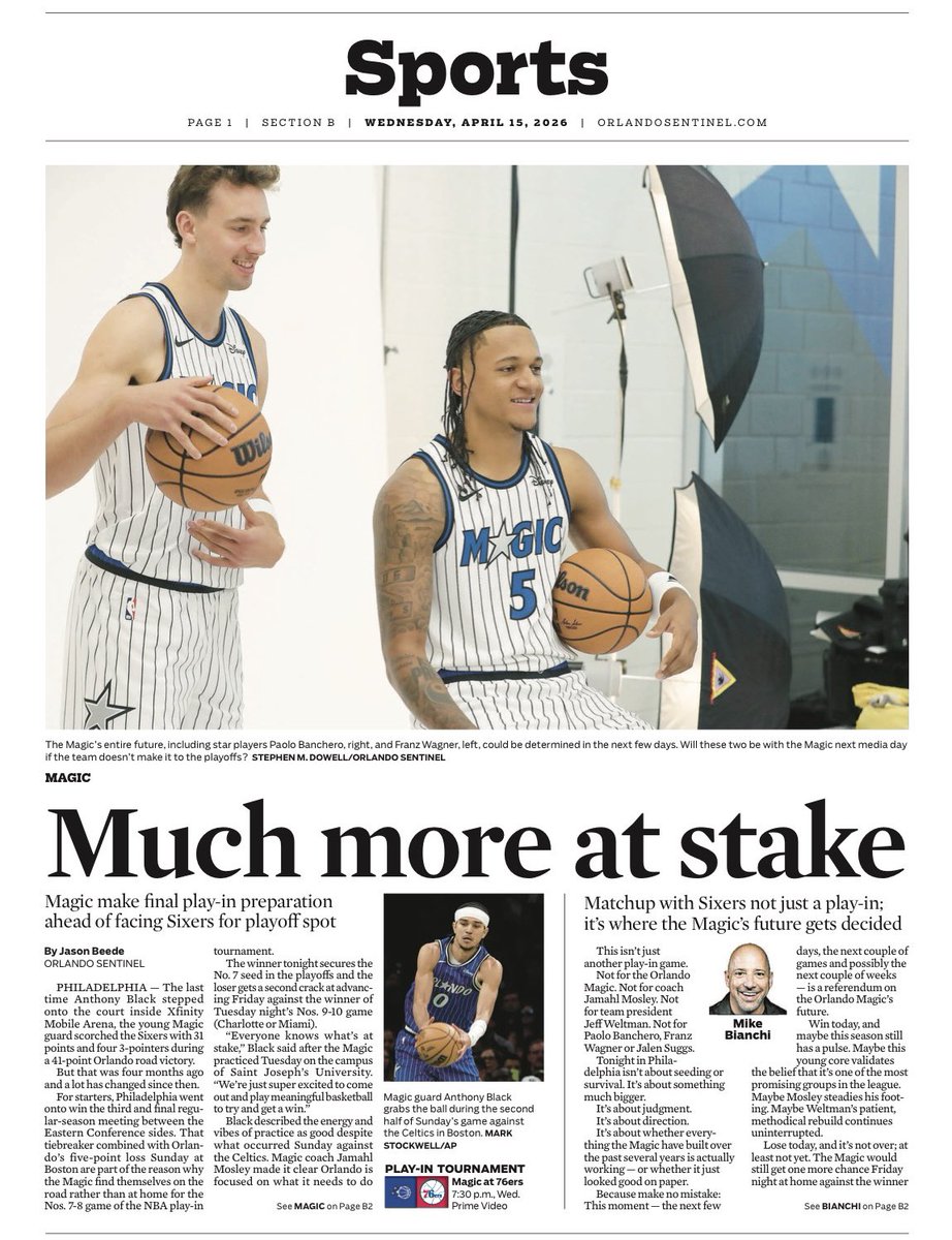 In today’s <a href="/orlandosentinel/">Orlando Sentinel</a>:

— My preview of tonight’s #Magic at Sixers NBA Play-In game from Philadelphia: orlandosentinel.com/2026/04/14/orl…

— Commentary from my colleague <a href="/BianchiWrites/">Mike Bianchi</a> on what tonight’s result might mean for the future of Orlando: orlandosentinel.com/2026/04/14/orl…