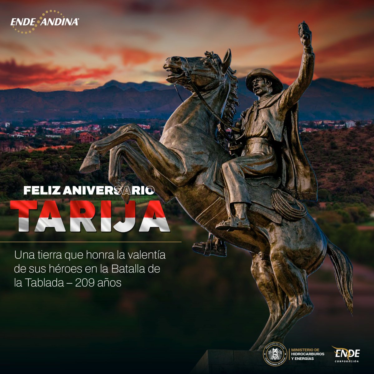 En el aniversario de la Batalla de la Tablada, evocamos el espíritu valiente de Tarija y su aporte fundamental a la historia de Bolivia.

En ENDE Andina honramos este legado trabajando cada día por el desarrollo energético del país, impulsando un futuro con más oportunidades para