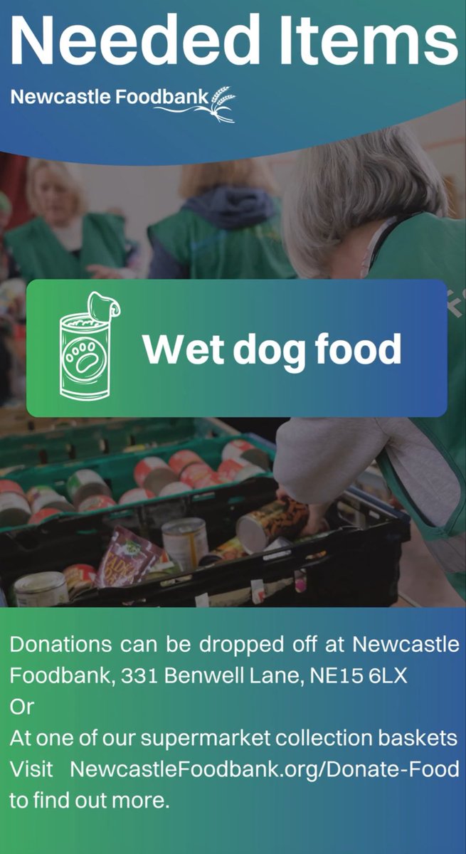 nufcfoodbank's tweet photo. The @NUFCFoodBank returns at 1pm on Saturday, April 18th before @NUFC play @afcbournemouth at 3pm in the @premierleague at @StJamesParkNE1 🏟️ 

🚨🐶🐕🦮 ￼Special Request - Wet Dog Food is needed by clients with pets who use the @NCLFoodbank so please donate that if you possibly can. Thanks 🙏 

You can donate online anytime to the @NCLFoodbank via https://t.co/xGvnu6EikA all weekend to help feed local people.🙏 

#Cherries fans welcome 🍒🤝 🆕🏰#HungerDoesntWearClubColours 

Thanks. See you then #GenerousGeordies #NUFC #NEWBOU 🏁
