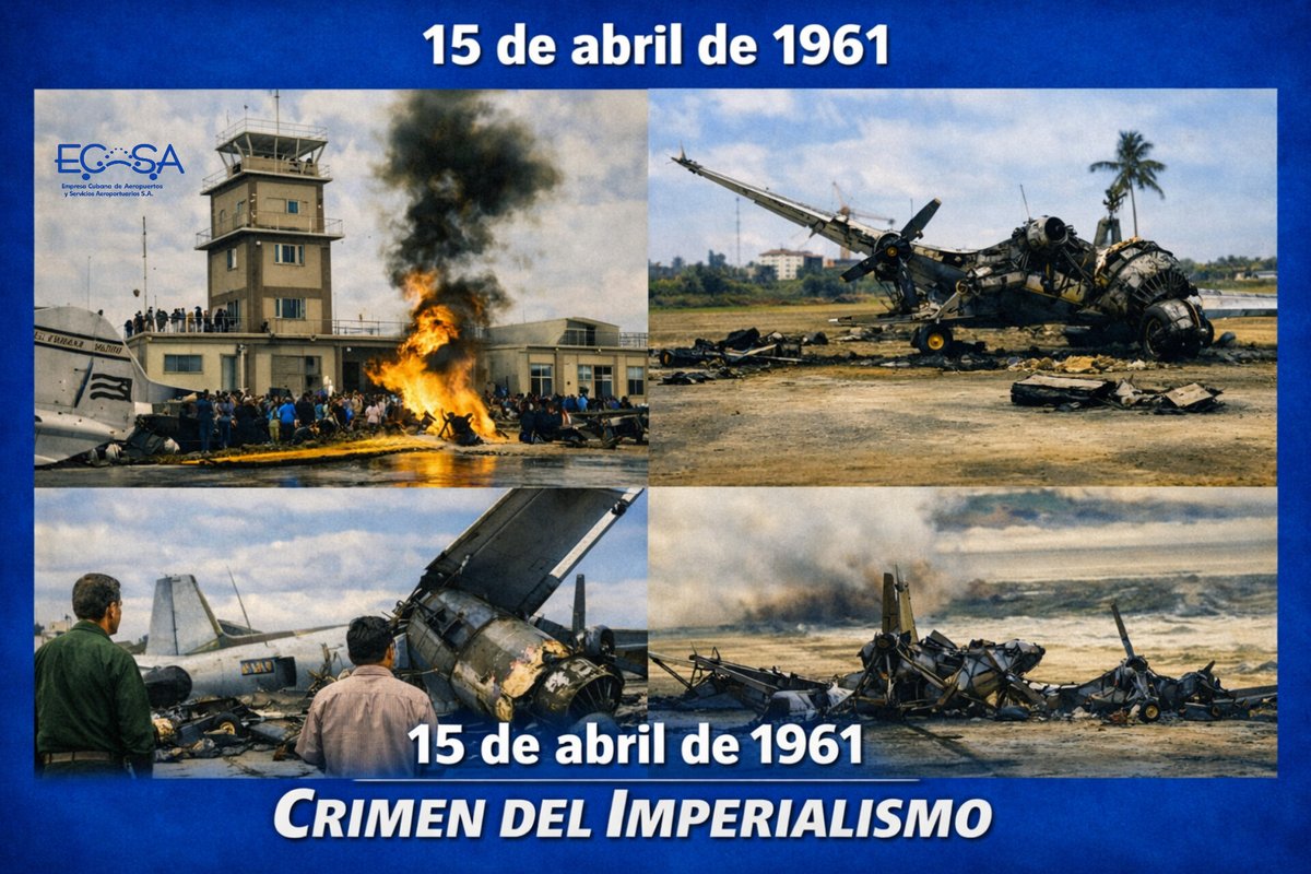 🇨🇺 El 15 de abril de 1961, como preludio de la invasión mercenaria por Playa Girón, fuerzas de Estados Unidos bombardearon nuestros aeropuertos de San Antonio de los Baños, Ciudad Libertad y Santiago de Cuba. Desde #ECASA recordamos esta fecha con el corazón en la memoria.