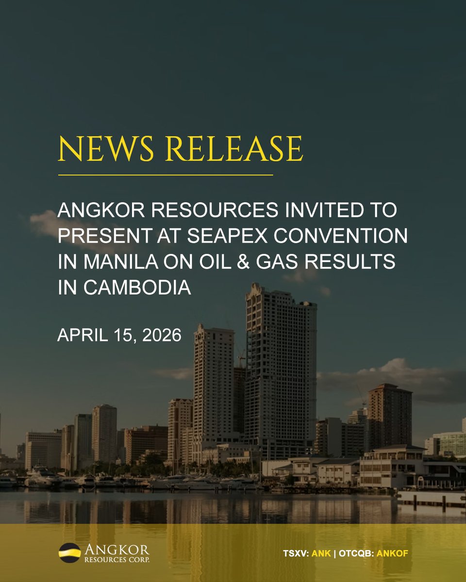 AngkorResources's tweet photo. #ANK has been invited to present at the SEAPEX Convention in Manila, Philippines, from April 13-15. President Mike Weeks & Keith Edwards, Geophysicist for our energy subsidiary EnerCam, will attend & present on behalf of Angkor.
Read: https://t.co/tMPI8FaCUD
π¨π¦ $ANK.V πΊπΈ #ANKOF https://t.co/XgdqFZghEm