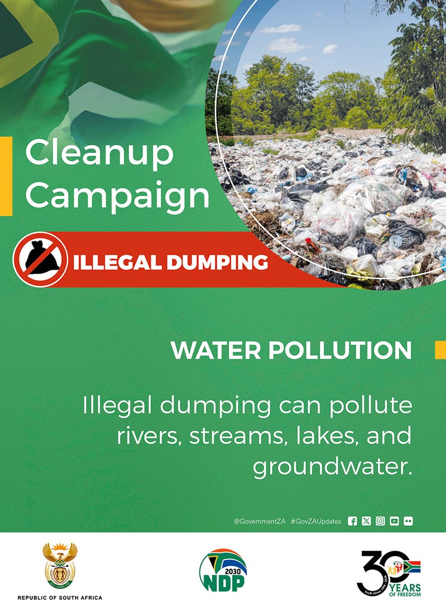 GovernmentZA's tweet photo. CLEAN UP CAMPAIGN – 🚫 ILLEGAL DUMPING
Illegal dumping pollutes rivers, streams, lakes and groundwater, putting our health and environment at risk.
Report illegal dumping and dispose of waste responsibly. Let’s keep our communities clean.
#CleanCitiesCampaign #ServiceDeliveryZA
