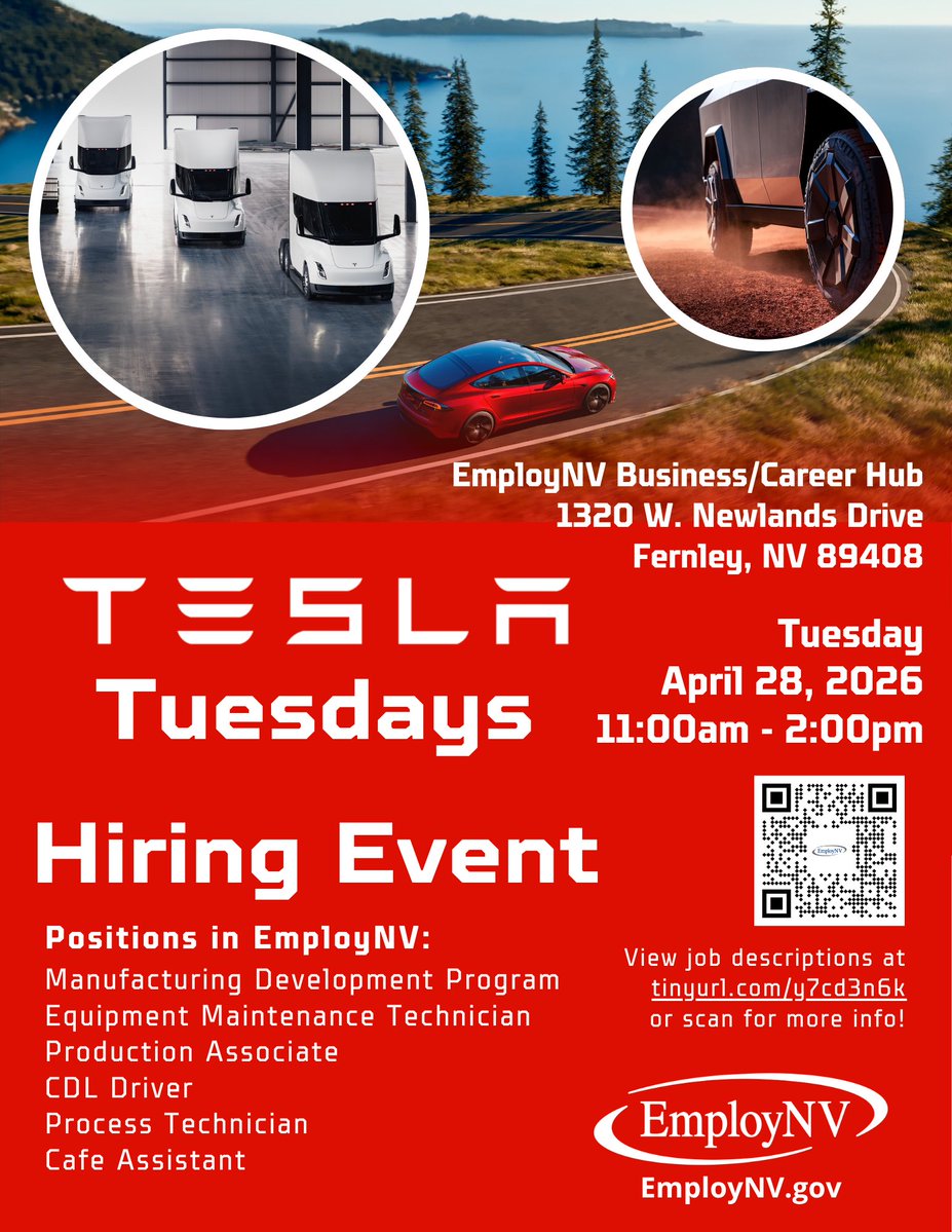 EmployNVNorth's tweet image. Power your career at @Tesla Tuesdays! Interview on April 28, 2026 11am-2pm 📍 EmployNV Business/Career Hub, 1320 W. Newlands Drive, Fernley, NV 89408

Build the future of #CleanEnergy &amp;amp; #Transportation at tinyurl.com/y7cd3n6k