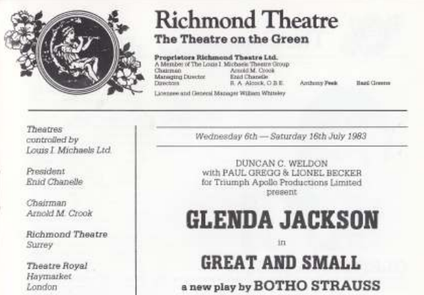 ZeitgeistSAH's tweet image. In a change to our advertised programming, here is the theatre programme featuring Glenda Jackson in Great and Small, Richmond Theatre 1983, presented as an electronic booklet via the internet web link below. postcardsretro.wordpress.com/2026/04/15/gle… #glendajackson #programme #richmond #theatre