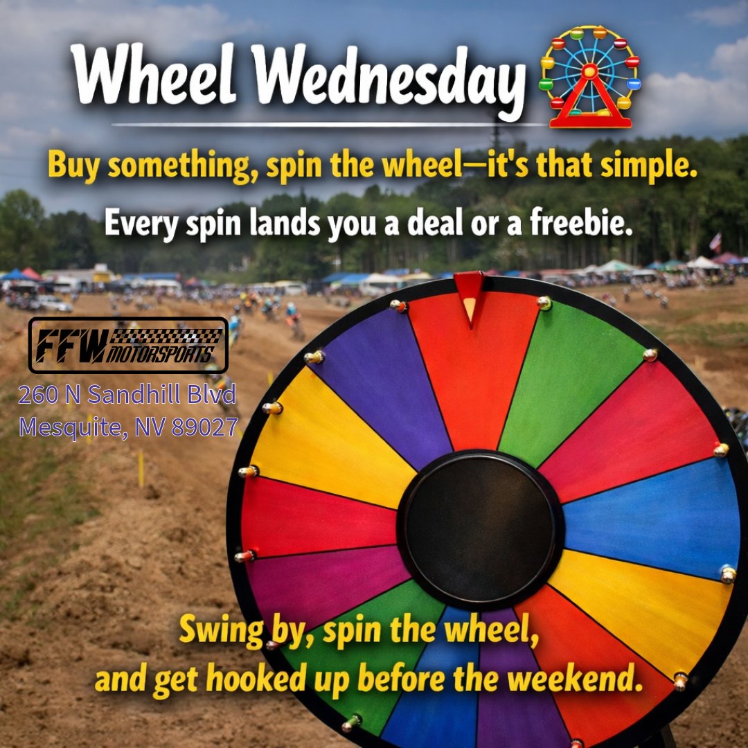FfwMotorsports's tweet image. Wheel Wednesday 🎡 Buy something, spin the wheel—it’s that simple.
 Every spin lands you a deal or a freebie. 
Swing by, spin the wheel, and get hooked up before the weekend.
#WheelWednesday #Deals #SpinToWin