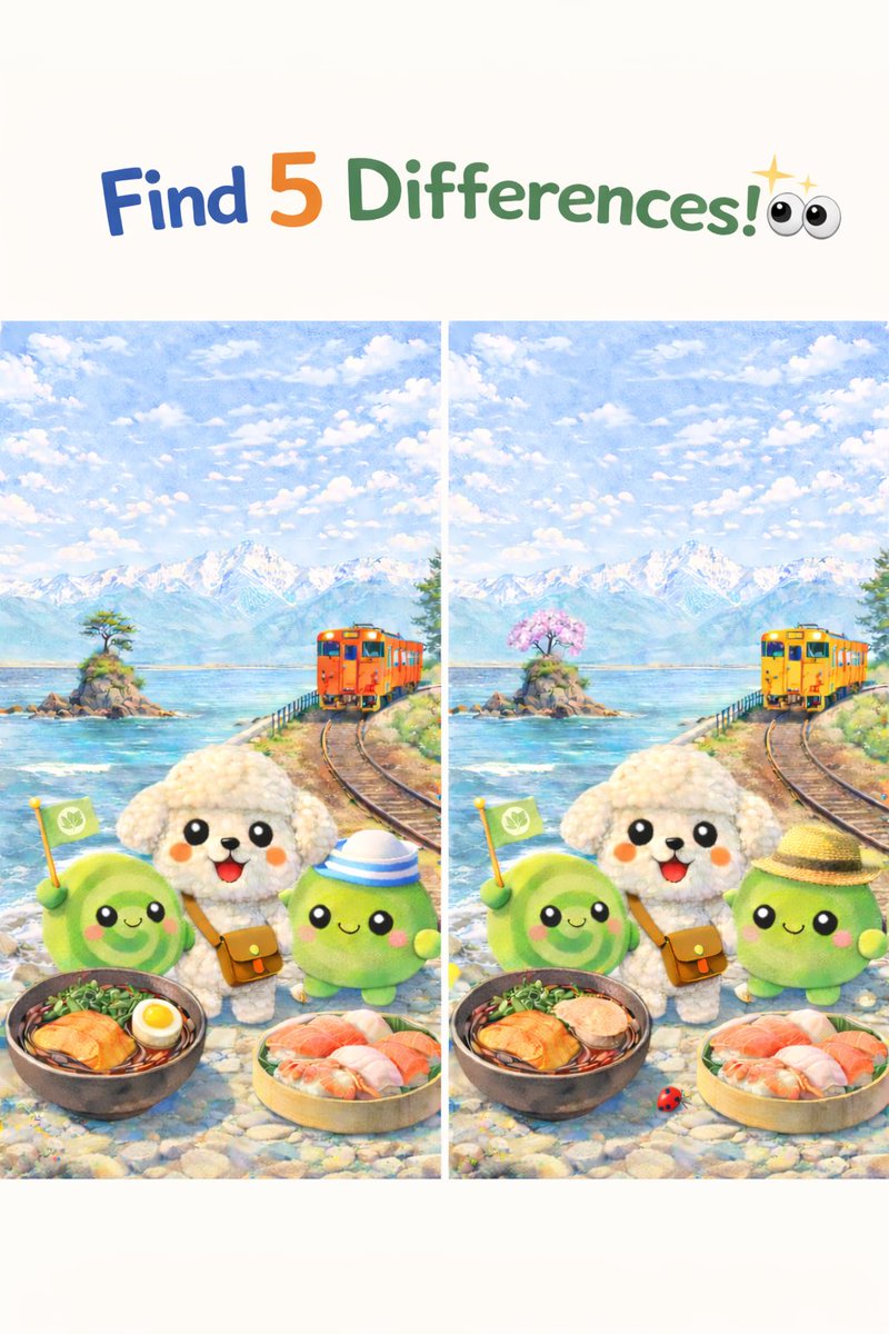 Matchafriends_'s tweet image. Matcha Friends are enjoying the stunning view of Amaharashi Coast in Toyama, Japan 🇯🇵✨ Can you spot all 5 differences? 👀🍵

#FindTheDifferences #SpotTheDifference #MatchaFriends