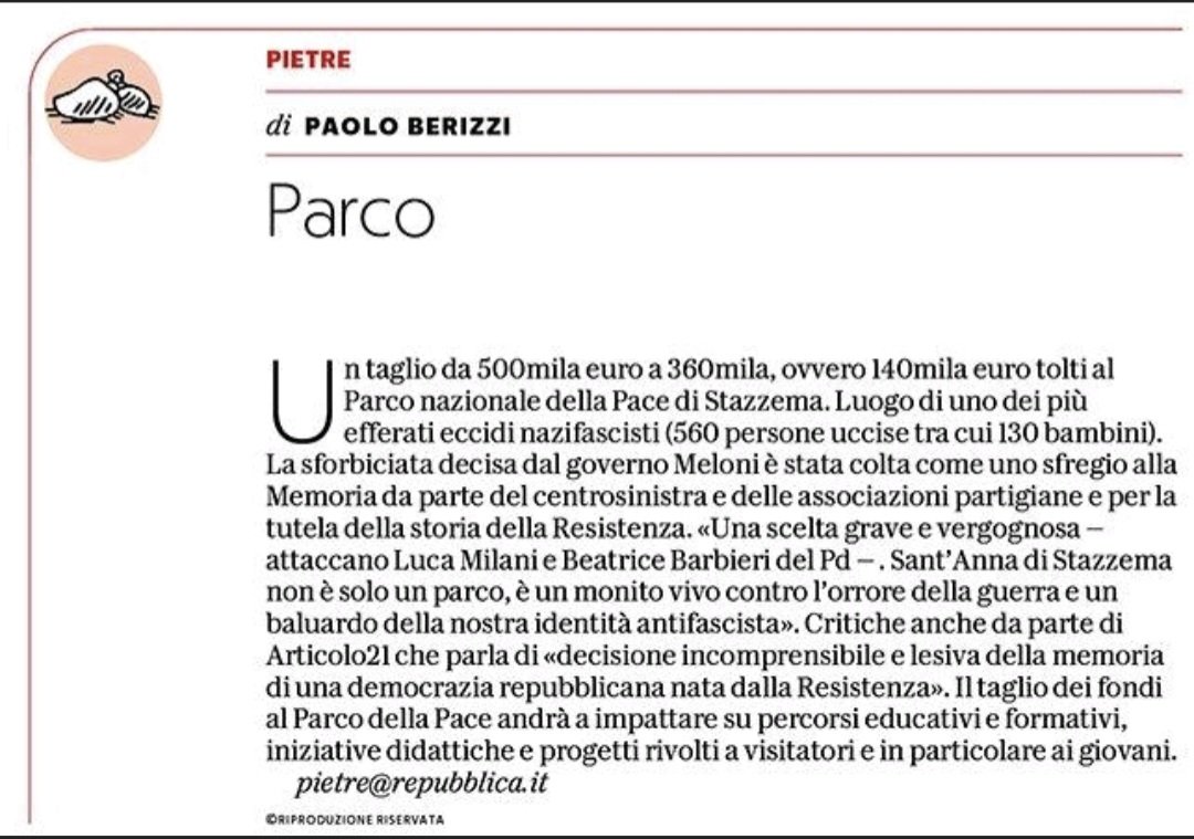 Il governo Meloni taglia i fondi al Parco Nazionale della Pace di Stazzema. Il luogo del più grave eccidio nazifascista  in Italia (560 persone trucidate, 130 bambini). Una sforbiciata da 140mila euro e un caro saluto alla memoria antifascista. 

#pietre
<a href="/repubblica/">Repubblica</a>