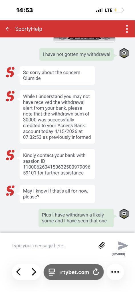 Olu_Pas's tweet photo. @myaccessbank @SportyBet. I have not gotten this transaction in my account https://t.co/vaNngzzjYW