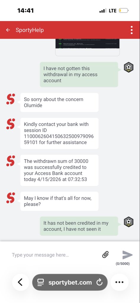 Olu_Pas's tweet photo. @myaccessbank @SportyBet. I have not gotten this transaction in my account https://t.co/vaNngzzjYW