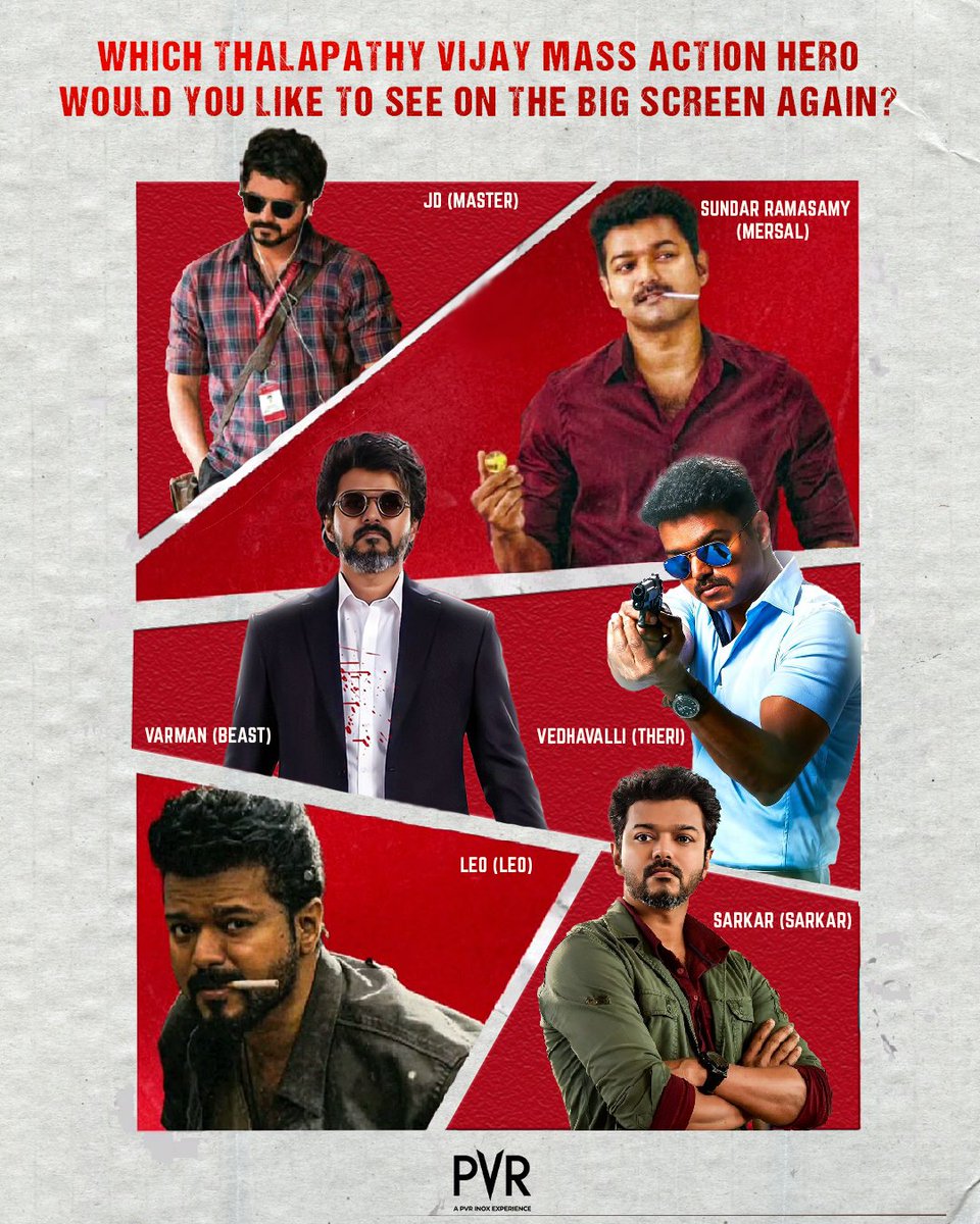 _PVRCinemas's tweet image. All-time mass avatars of Thalapathy Vijay! 👊 Which one are you bringing back to the big screen?
.
.
.
#Master #Mersal #Beast #Theri #Leo #Sarkar #ThalapathyVijay