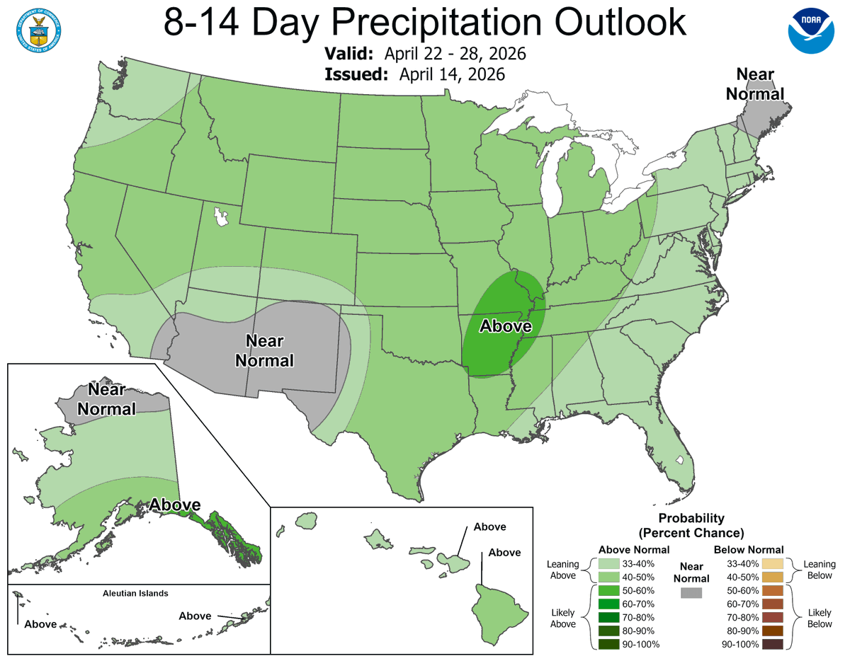 US_Commodities's tweet photo. Wetter pattern sets up April 22–28 with above‑normal precipitation centered on the Midwest, stretching from Missouri outward. Alaska and Hawaii also lean wetter, while much of the Southwest and Northeast stay near normal. #Weather #AgWeather #NOAA #ClimateOutlook #USCommodities https://t.co/9t0rYOaTw6