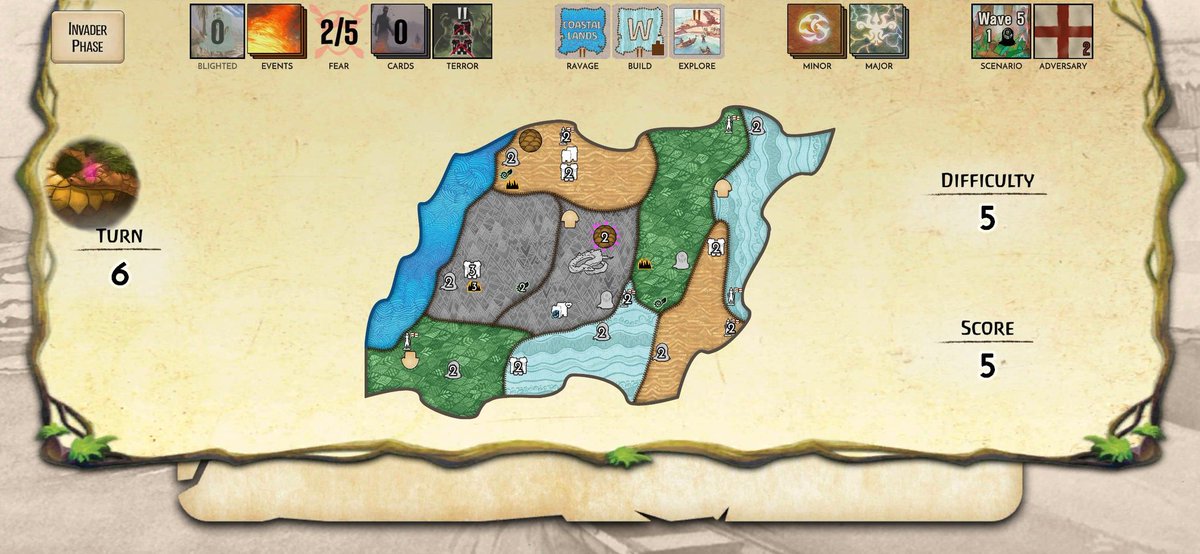 昨日の続きで第５波は蛇さん。
うすうす思ってたけど、蛇さんは起きるのが遅いから、起きる前に島全土が荒廃しちゃったよ😂

弾切れ感が否めない第５波。。
選手層を厚くするためにいい精霊はいないかな？

The Invaders could not be stopped, and Spirit Island was lost... #SpiritIsland