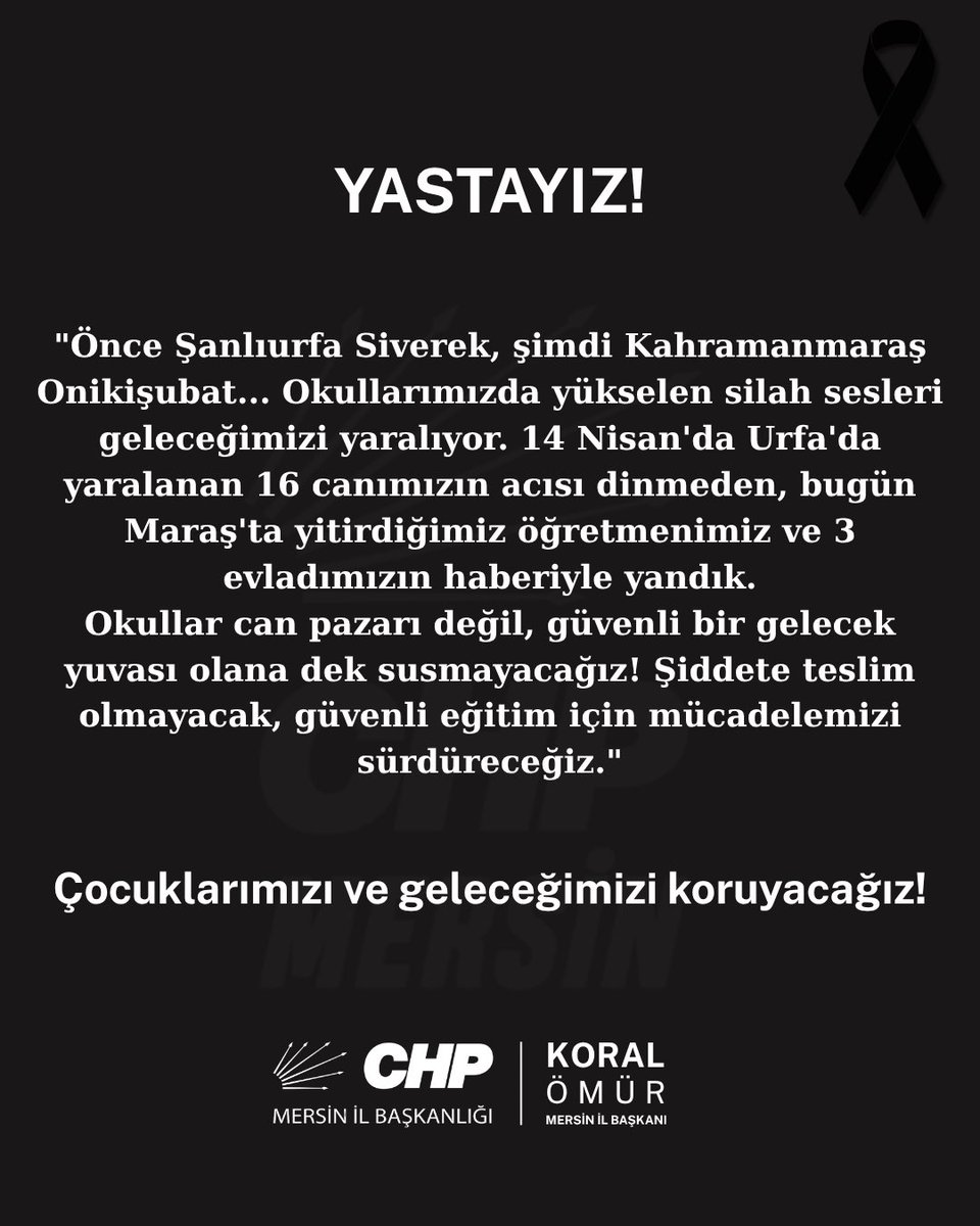 Yastayız…

Önce Şanlıurfa Siverek, şimdi Kahramanmaraş Onikişubat…
Okullarımızda yükselen silah sesleri geleceğimizi yaralamaya devam ediyor. Daha dün Urfa’da yaşanan acının izi silinmeden, bugün Maraş’tan gelen kayıp haberleriyle bir kez daha sarsıldık.

Kaybettiğimiz