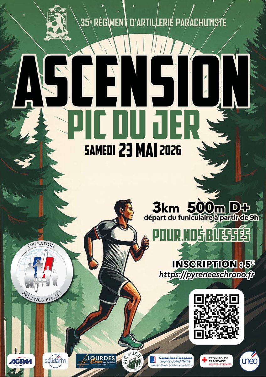 35eRAP_CDC's tweet photo. 🏔️ 23 MAI : GRAVISSEZ LE PIC DU JER 
3 km de course ou marche, pour soutenir les blessés de l’Armée de Terre.
📅 Samedi 23 mai 2026 – Départ à 9h - Retour gratuit en funiculaire 
📍 Lourdes – Pic du Jer 
👉 Inscriptions ouvertes → https://t.co/oGfAEKrDhV https://t.co/s7Nt2YE6cq