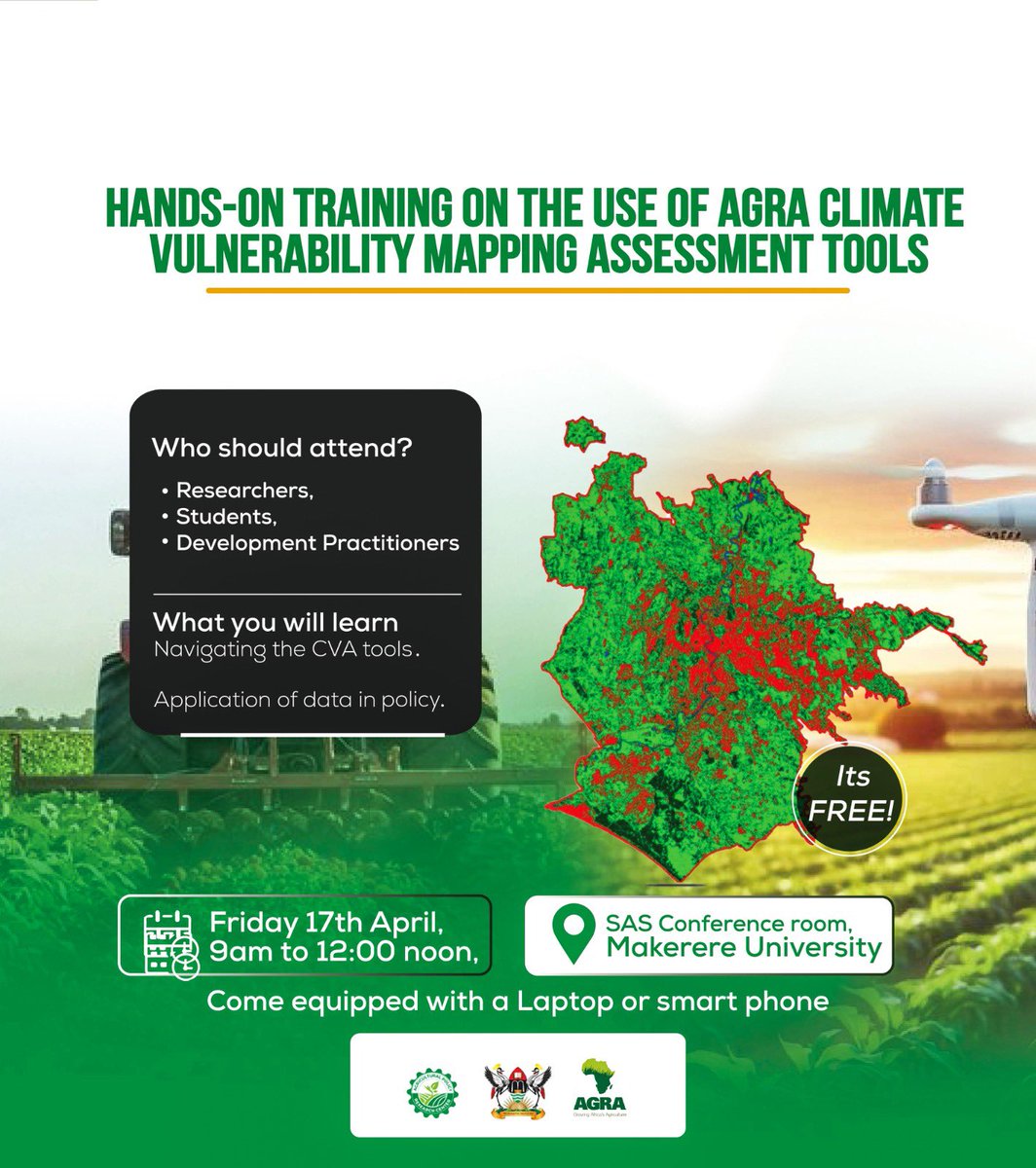 APRC_UG's tweet photo. Want to master climate risk analysis? 

Join APRC  for a FREE workshop on CVA tools. Perfect for researchers and students looking to level up their data game in policy and research.

🗓️ Friday, April 17
📍 SAS Conference Room, Makerere University
🆓 ENTRY

https://t.co/fBUxbq6bUZ https://t.co/zdRpThclih