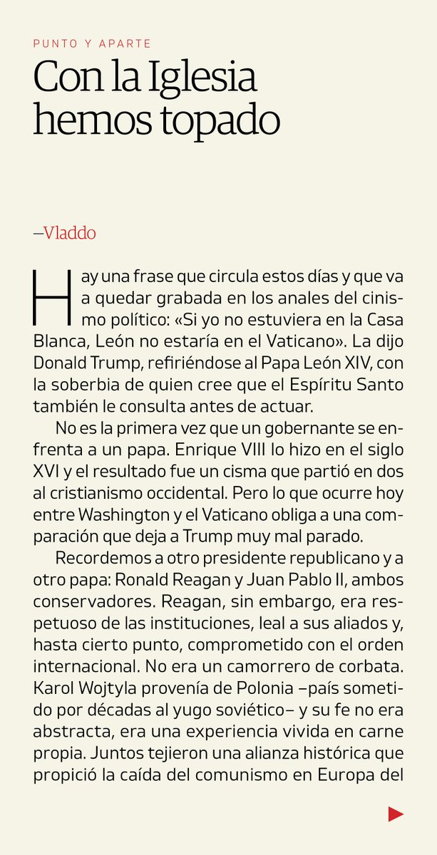 VLADDO's tweet photo. Con la Iglesia hemos topado — Mientras la mayor debilidad de Trump es su arrogancia, la mejor fortaleza del Papa es su humildad [...] Trump, en vez de defender valores, prefiere defender su imagen, sus negocios y su ego desaforado. León XIV lo tiene claro, y por eso no le come cuento. — Nueva columna en @ELTIEMPO