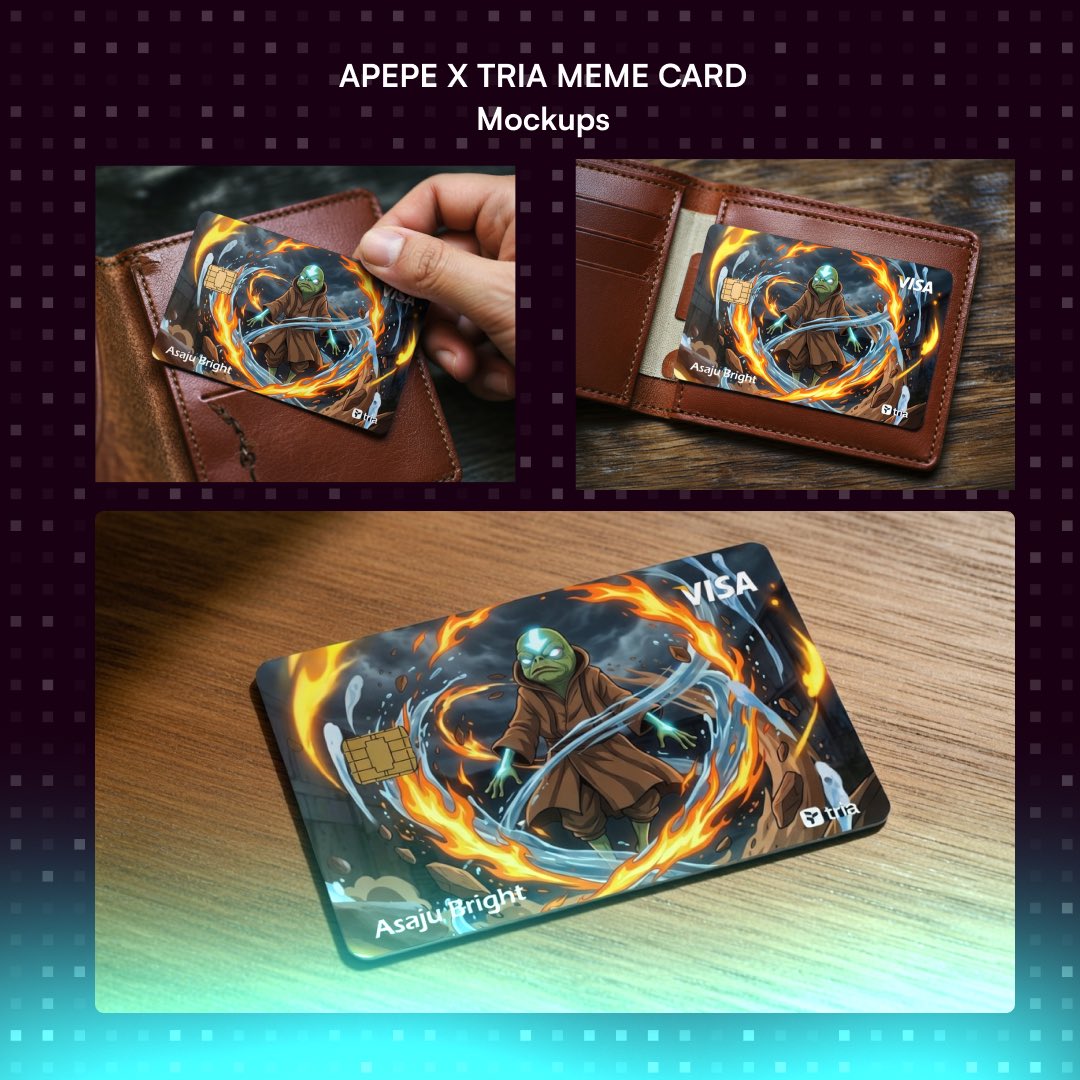 Zukhruf014's tweet photo. I had to dive into my love for aang  

So i went for the avatar inspired card 

Cause of the recent buzz and leak of the new avatar 

@APEPE_MEME x @useTria the only card you would every need 

#APEPE_TRIA_CONTEST https://t.co/5vy9CF1WyY