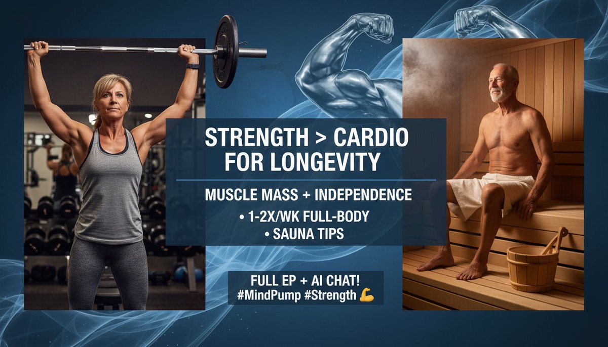 TranscriptedAI's tweet image. Diving deeper: Why strength trumps cardio for longevity—muscle mass fights frailty &amp;amp; boosts independence. 1-2x/wk full-body gems + sauna tips unpacked. Life hack! 💪 Your routine? Full ep + AI chat! #MindPump #Strength

transcripted.ai/episode/mindpu…
