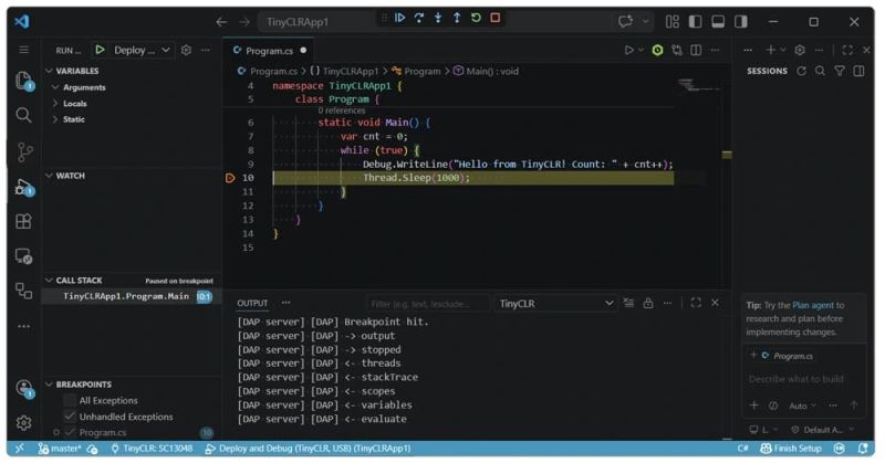 GHIElectronics's tweet photo. Can you code circuits in .NET C# using VS Code ? Starting today, yes you can!

We are excited to share our brand new VS Code extension for TinyCLR OS, allowing for .NET C# on circuits!

The extension is complete with IntelliSense, deploy, debug, and more!

#vscode #dotnet #csharp https://t.co/8IlfVdujlf