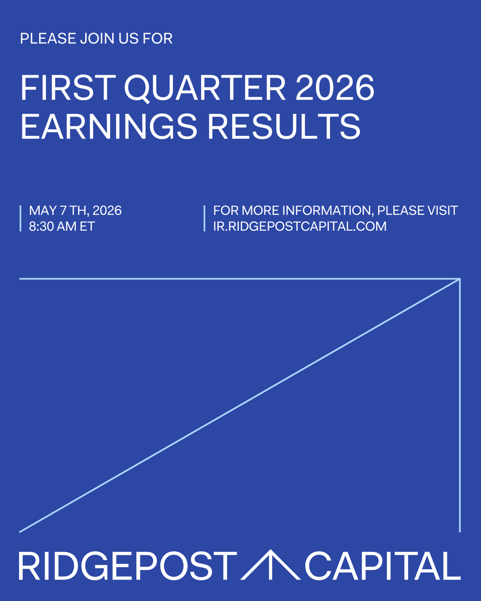RidgepostCap's tweet photo. Ridgepost Capital will release its first quarter 2026 results on Thursday, May 7, 2026. The conference call will begin at 8:30 a.m. ET, during which we will hold a detailed discussion of these results.

To access the webcast, click here: https://t.co/Pm6s3XKPnc
#Earnings https://t.co/YP7GkF6rPf