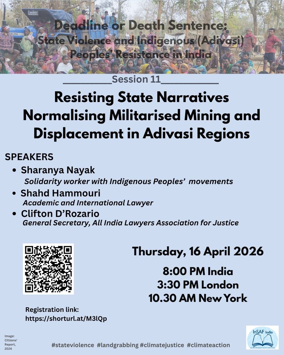 IndInsaf's tweet photo. @jamhoormedia @paris_alliance @IndLabSol @India_Resists @ipmsdl_ @clifroz @y_climatejust @hippyygoat @NRI_Affairs @apned_ Speaker Update:  
Sharanya Nayak, Solidarity worker with Indigenous Peoples’ movements 
Shahd Hammouri, Academic and International Lawyer
Clifton D’Rozario, General Secretary, All India Lawyers Association for Justice 

Registration link:  use the QR code below https://t.co/vmpsplh27N