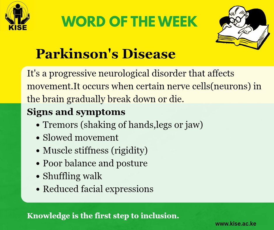 KISE_OFFICIAL's tweet image. #WordOfTheWeek: Parkinson’s Disease
Did you know?
Parkinson’s Disease is a progressive neurological condition that affects movement due to a loss of dopamine in the brain.

 Causes &amp;amp; Risk Factors
•Dopamine loss from damaged brain cells
•Genetic mutations in some cases