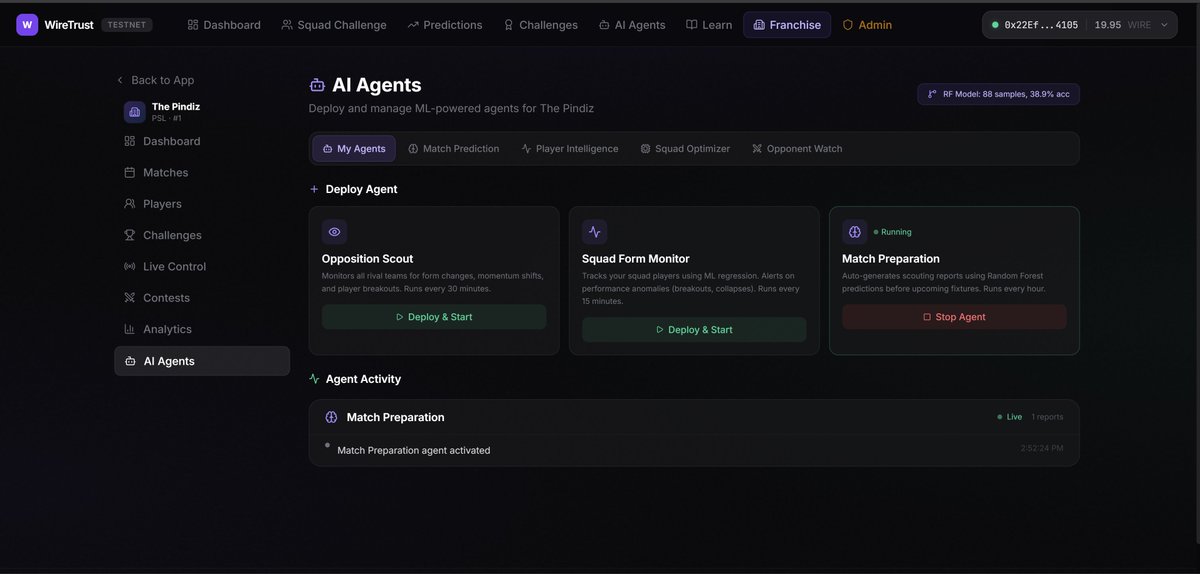 maikdev3's tweet photo. Building WireTrust - an AI-powered cricket fan engagement platform on @wirefluid  blockchain.

Fans predict matches, build dream squads, earn NFT rewards. Franchises get ML-powered AI agents: Random Forest match prediction, player form forecasting, anomaly detection. https://t.co/cQI865ZBxC