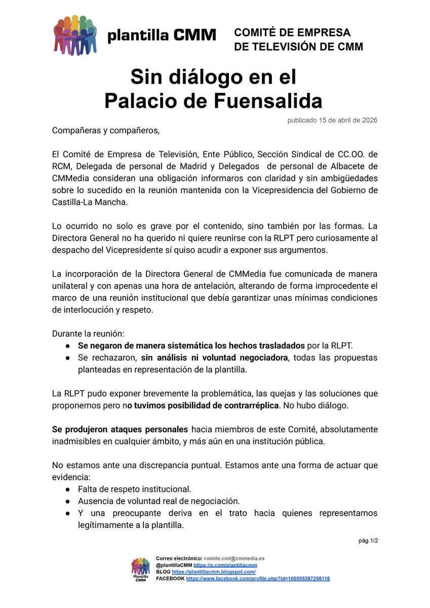 plantillaCMM's tweet photo. Sin diálogo en el Palacio de Fuensalida @JoseleCaballero asiste con @CarmenAmoresG
como invitada sorpresa para interpretar sin réplica su paso por @CMM_es Nos emplazan al programa electoral de las próximas elecciones @gobjccm sin voluntad.
@rtvpublicalucha
#RTVsPúblicasEnLucha https://t.co/E3OoCibpGI