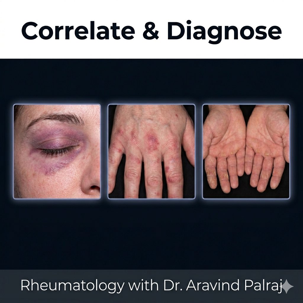 Rheumat_Aravind's tweet image. Correlate &amp;amp; diagnose.

#Rheumatology #Dermatomyositis #MedEd #ClinicalPearls @docakx @IhabFathiSulima @drkeithsiau @ArunInamadar @Drkhenaizan