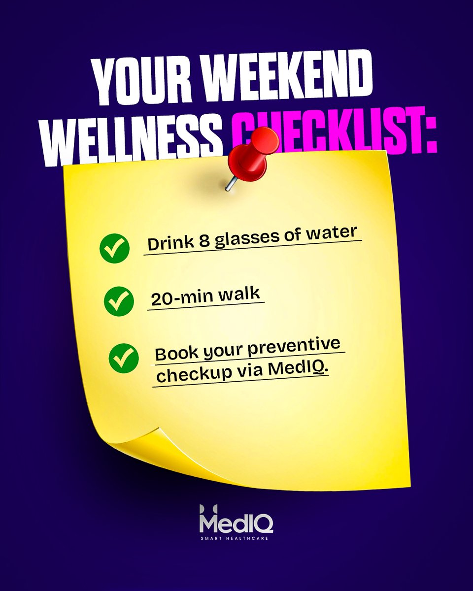 MedIQOfficial's tweet image. Your weekend to-do list just got healthier.

Start with 8 glasses, a 20-min walk, and one smart move: booking your preventive checkup via MedIQ.

#WeekendWellness #PreventiveCare #MedIQ #SmartHealthcare #HealthyHabits #SmallStepsBigImpact #HydrateAndMove