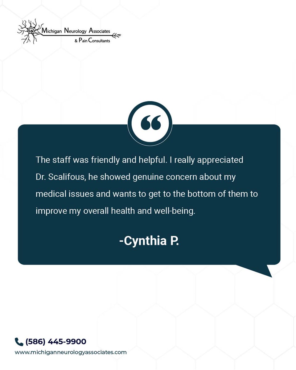 MNeurology49909's tweet image. Thank you, Cynthia, for your kind words! We’re glad to hear that Dr. Scalifous and our team made your visit a positive experience. Your health and well-being are always our priority.

 #PatientTestimonial #ThankYouCynthia #PatientCare #MichiganNeurology #NeurologyCare